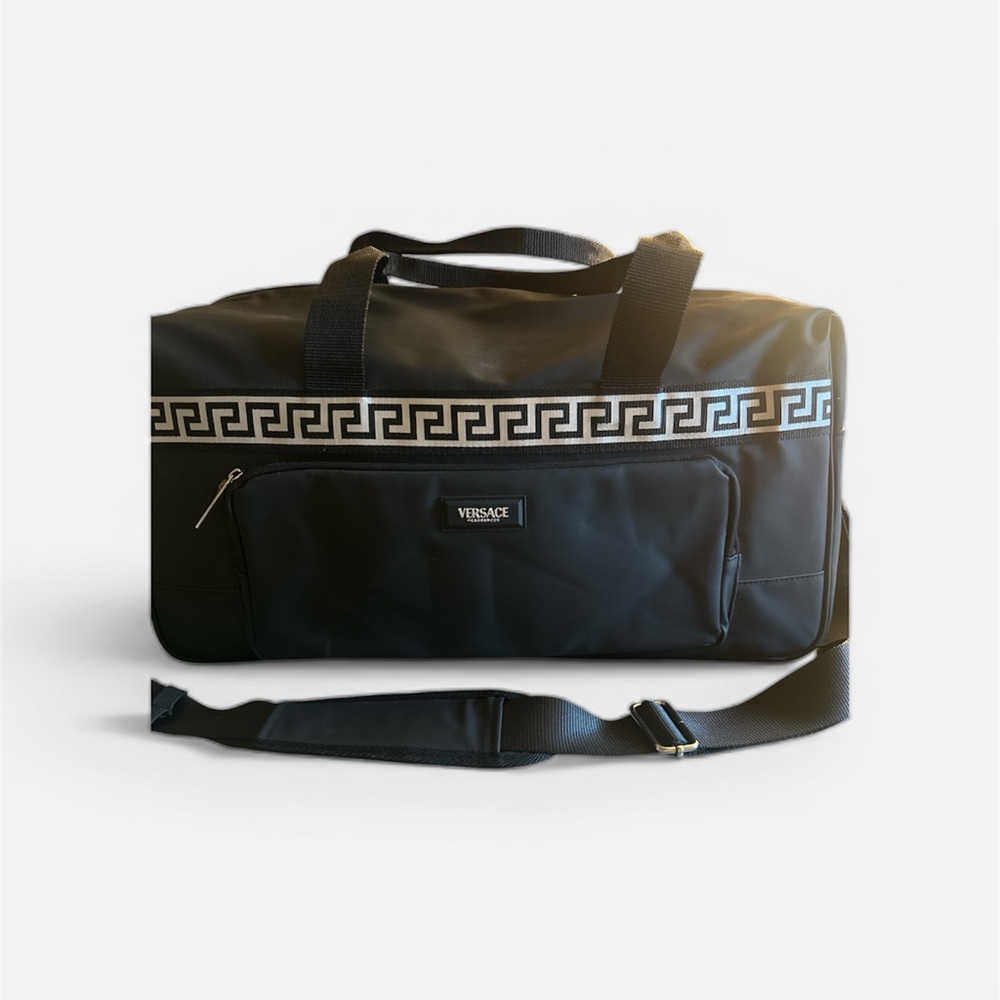 Versace Black Duffel Bag with Greek Key Accent